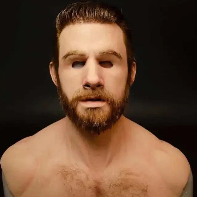 Man with a beard and chest hair against a black background