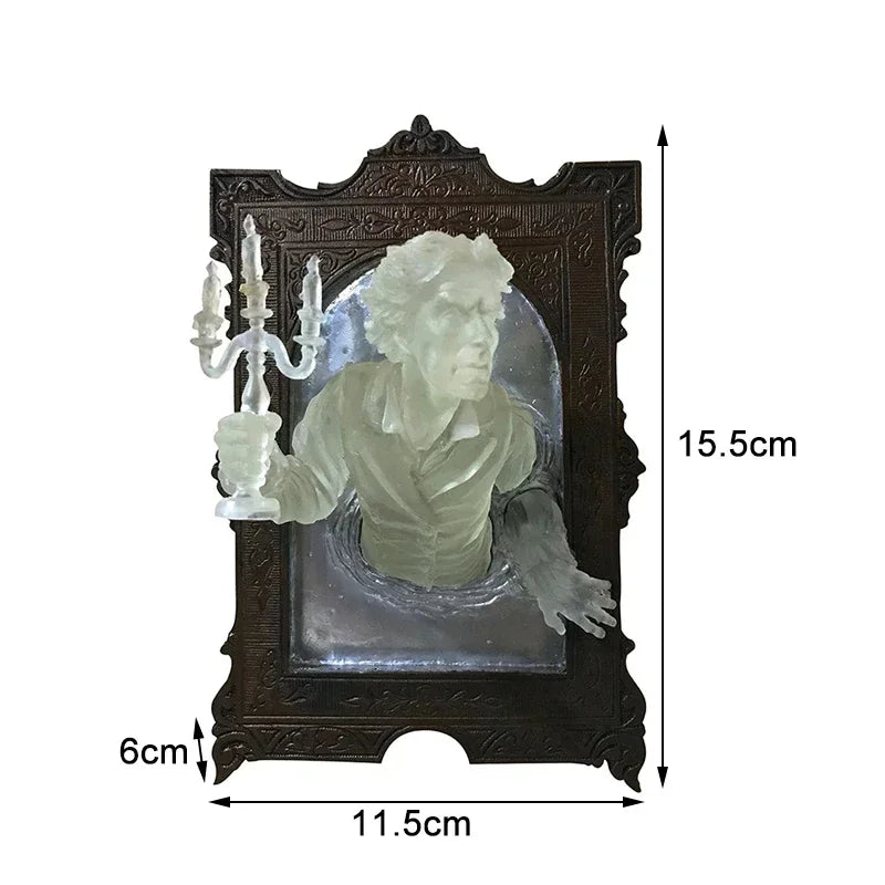 Decorative wall art with a bust and candle holder on a wooden frame, showing dimensions.