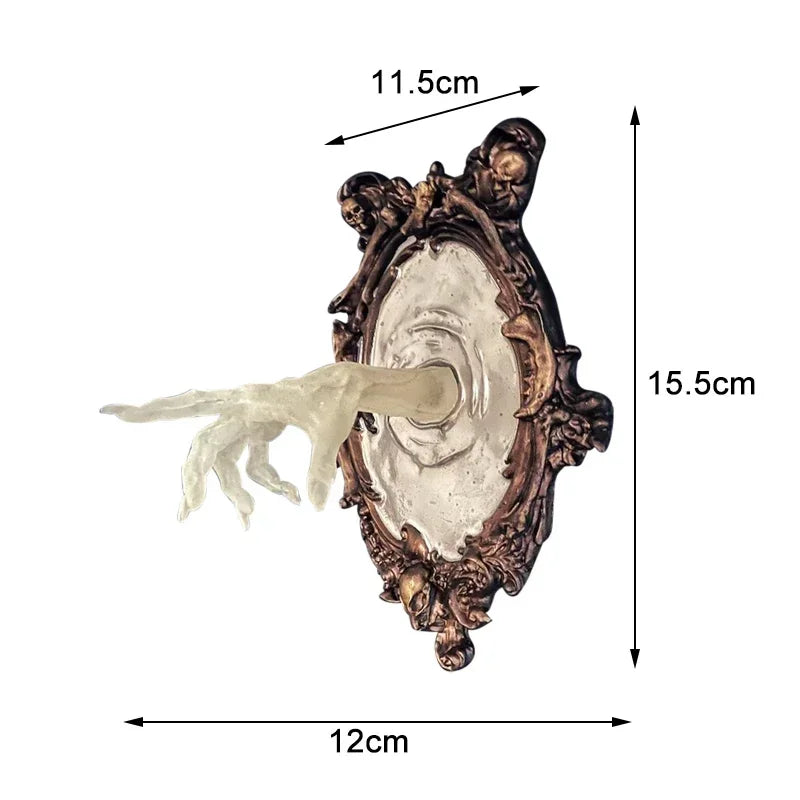 Decorative wall-mounted faucet with measurements on a white background