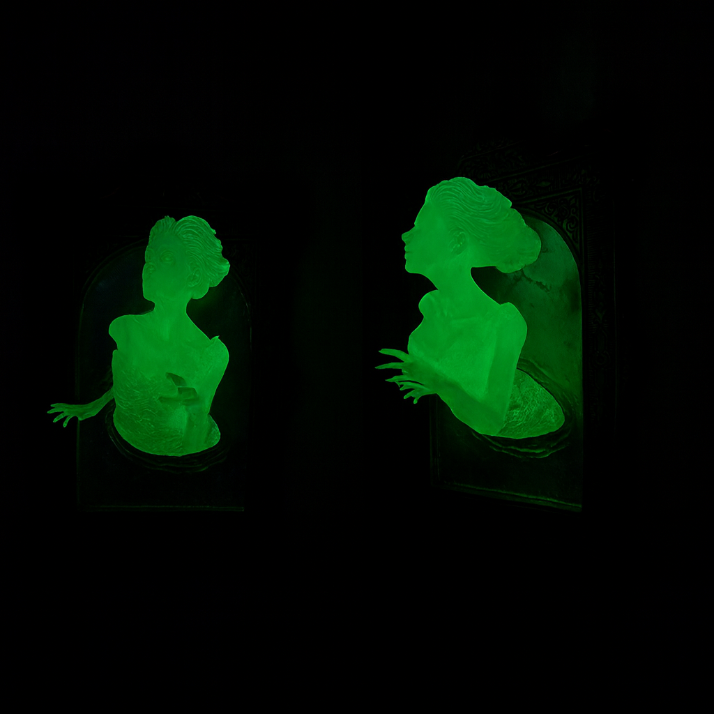 Two green silhouette figures on a black background