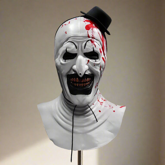 Horror-themed mask with red accents on a white background