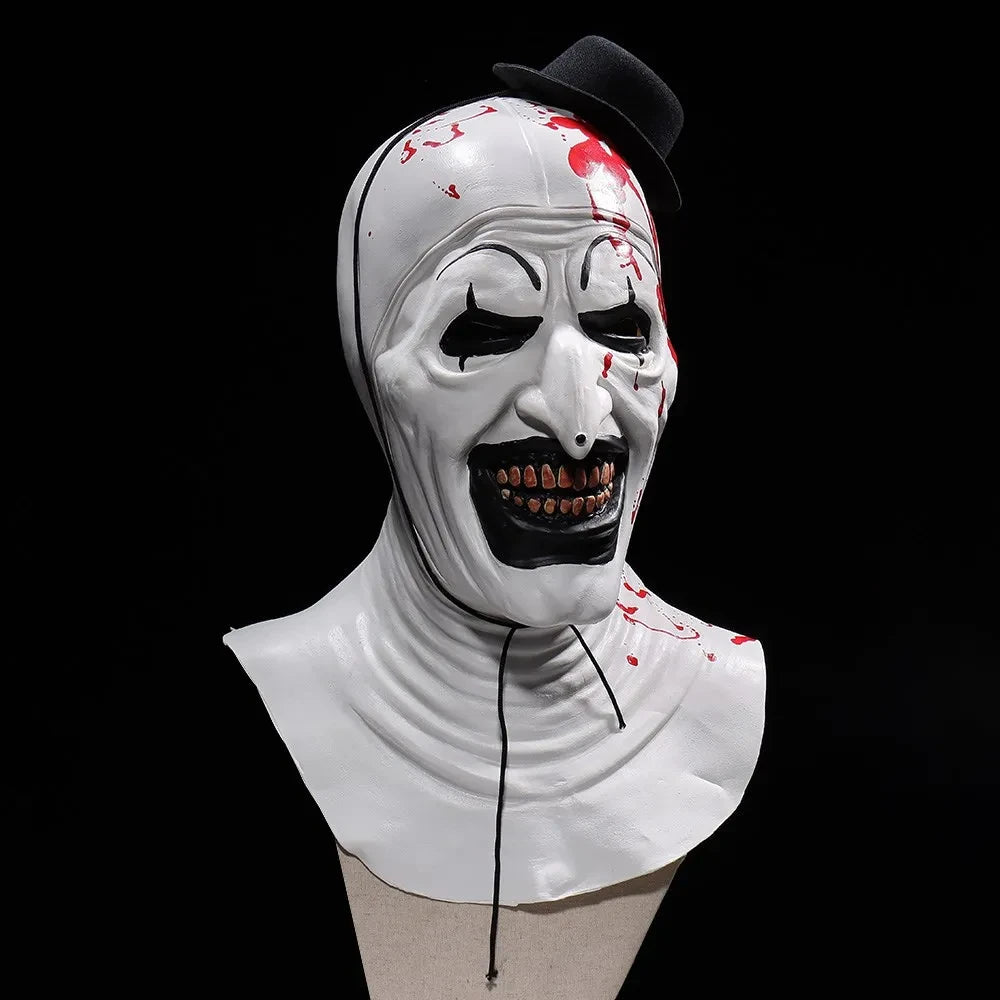 Horror-themed mask with red accents on a black background