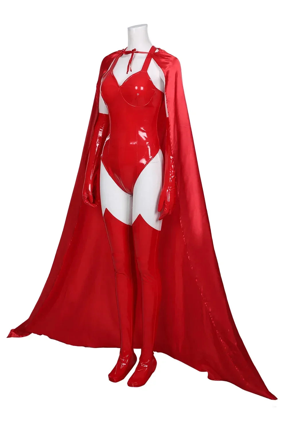 Red superhero costume with cape on a mannequin against a white background