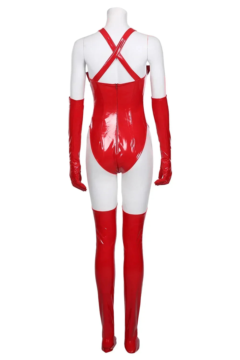 Red and white bodysuit on a mannequin against a white background