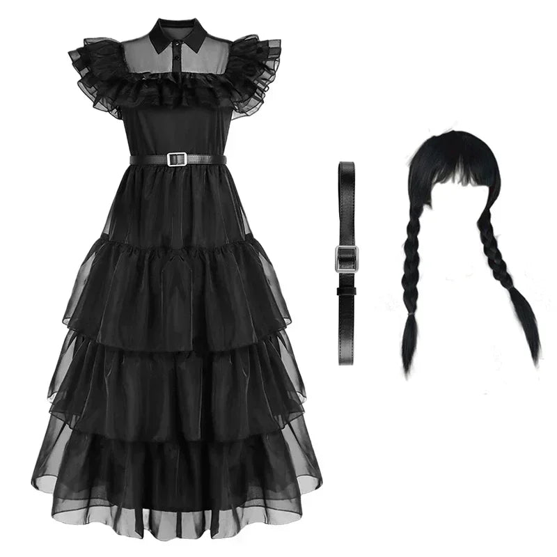Black tiered dress with a belt and black wig on a white background