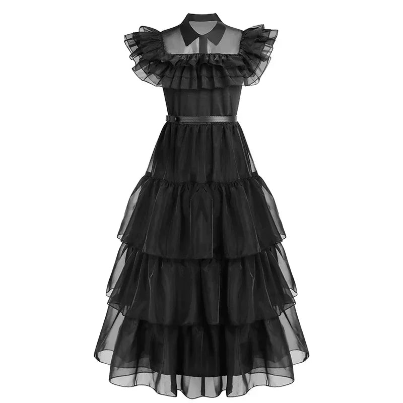 Black tiered dress with sheer ruffled collar on a white background