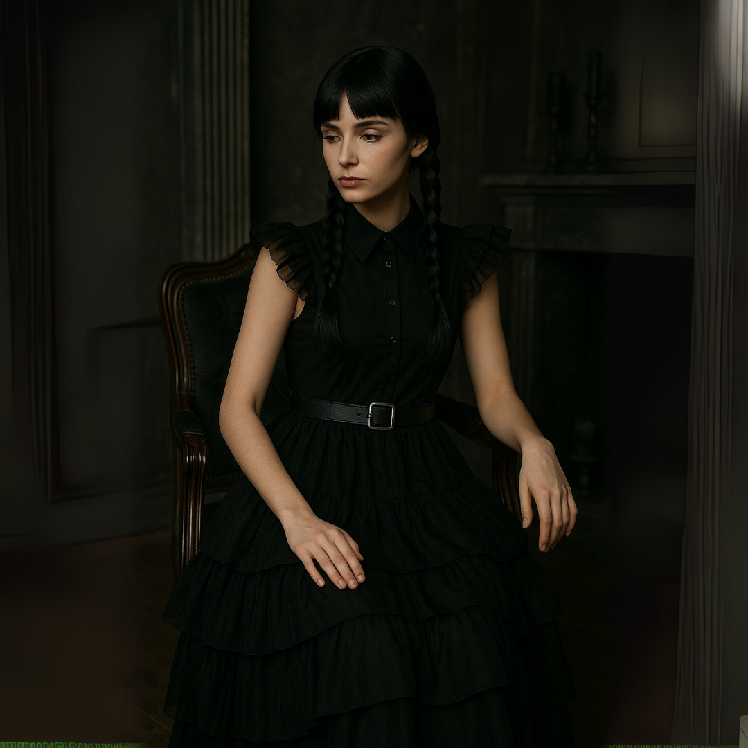 Woman in a black dress sitting in a dimly lit room.