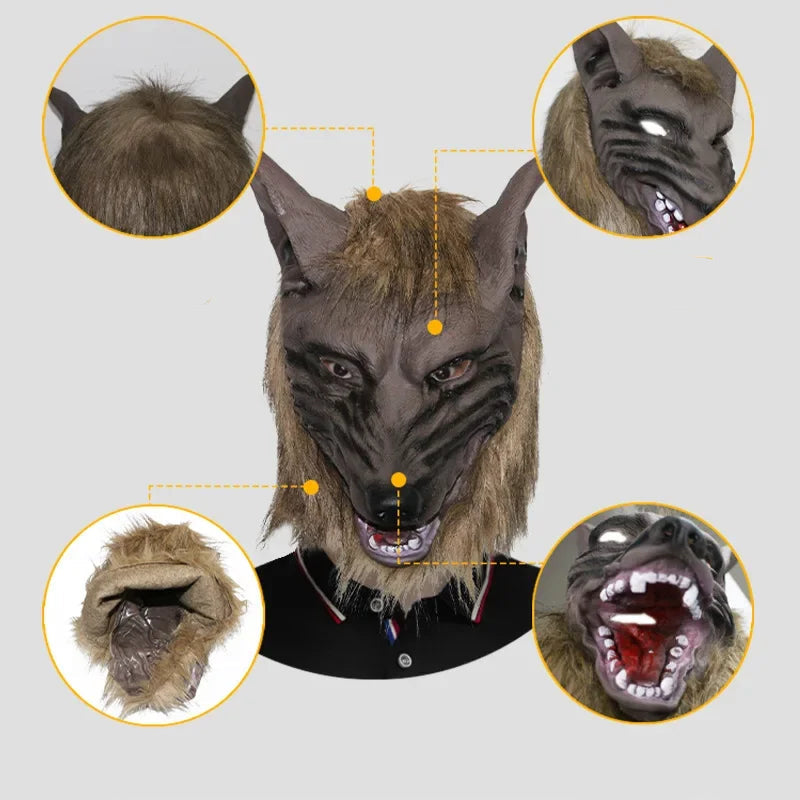 Wolf mask with detailed views of various parts on a gray background