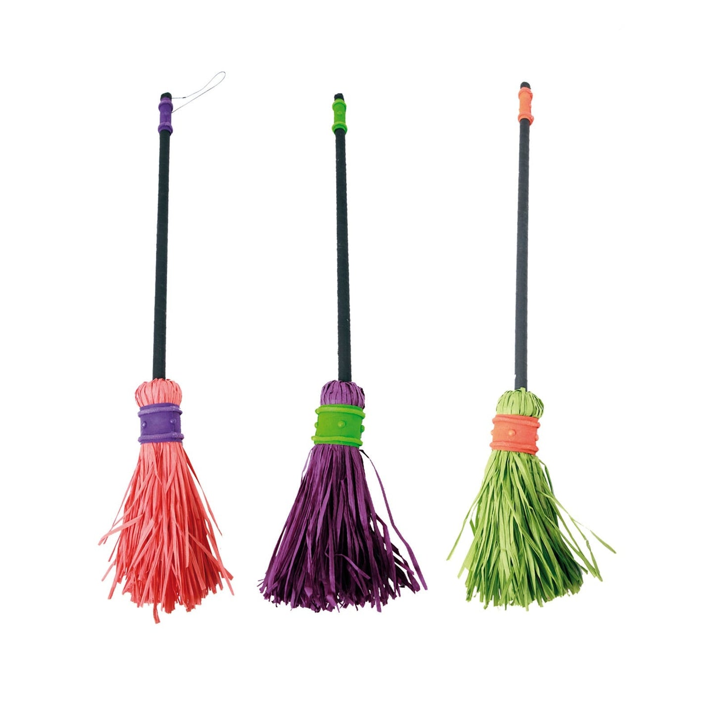 Three colorful broom toys with different colored handles on a white background, featuring the brand 'My Other Me'.