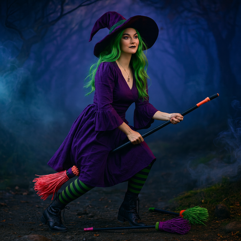 Woman in a witch costume with green hair and a purple dress, holding a broomstick against a dark background.