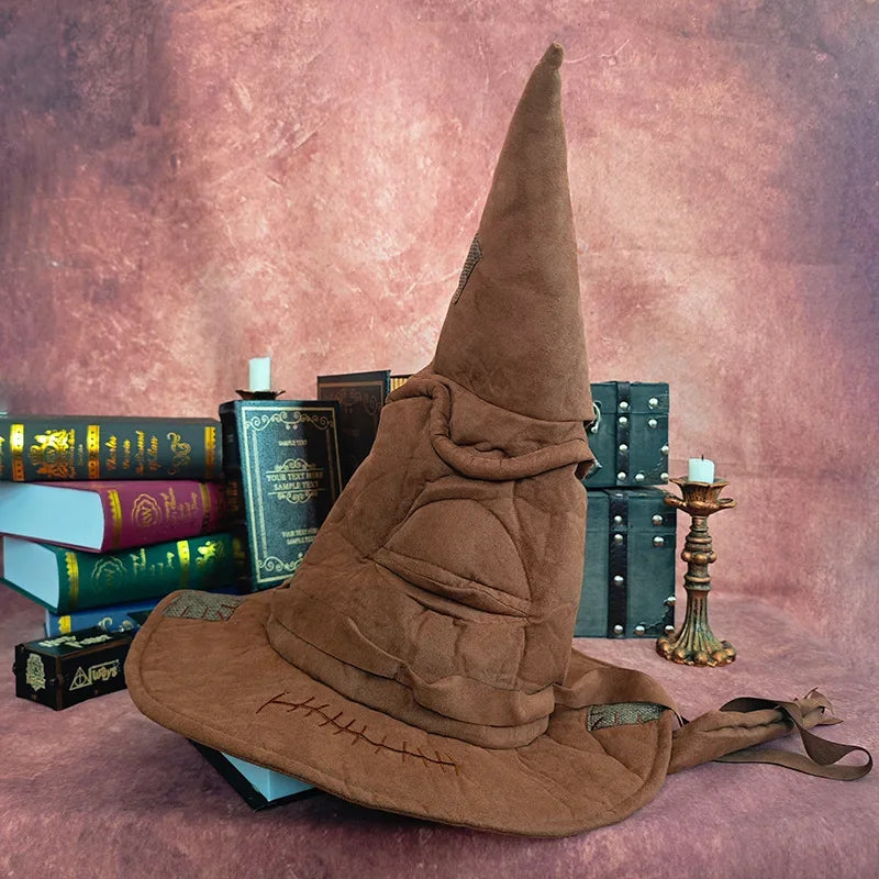 Brown wizard hat on a pink textured background with books and a candle.
