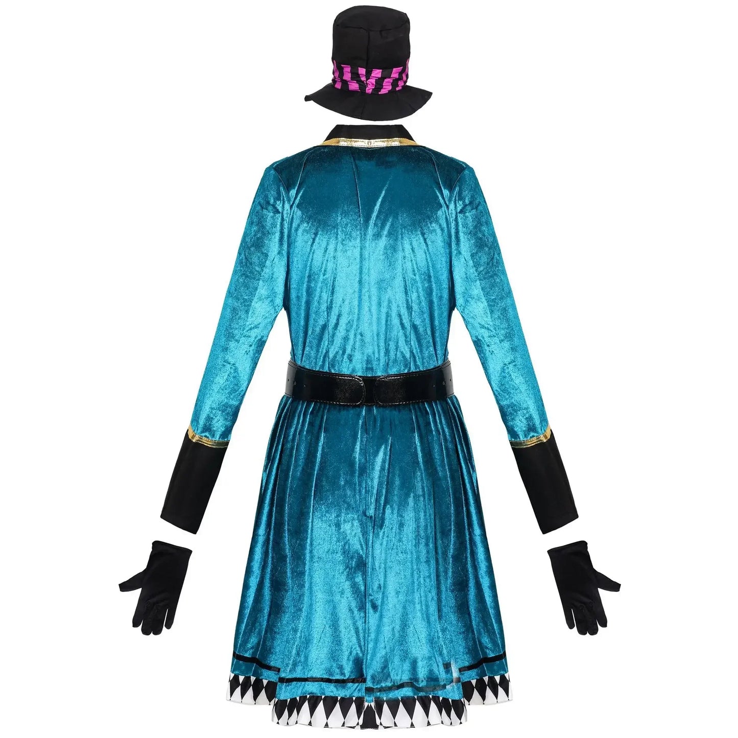 Teal velvet dress with black accents and top hat on a white background