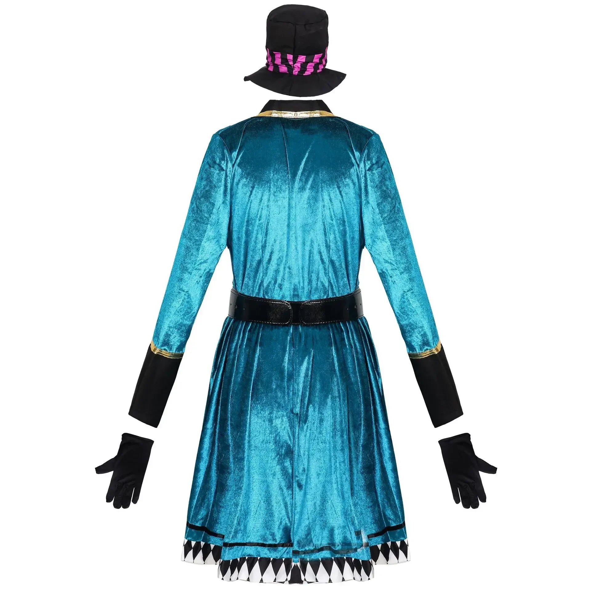 Teal velvet dress with black accents and top hat on a white background