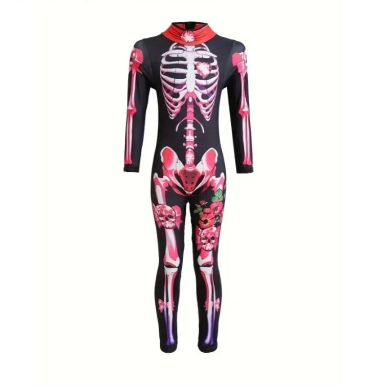 Skeleton-themed bodysuit with pink accents on a white background