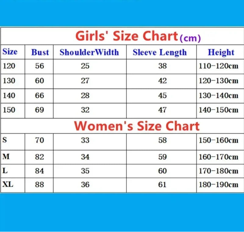 Size chart for girls and women with measurements in centimeters on a blue background.