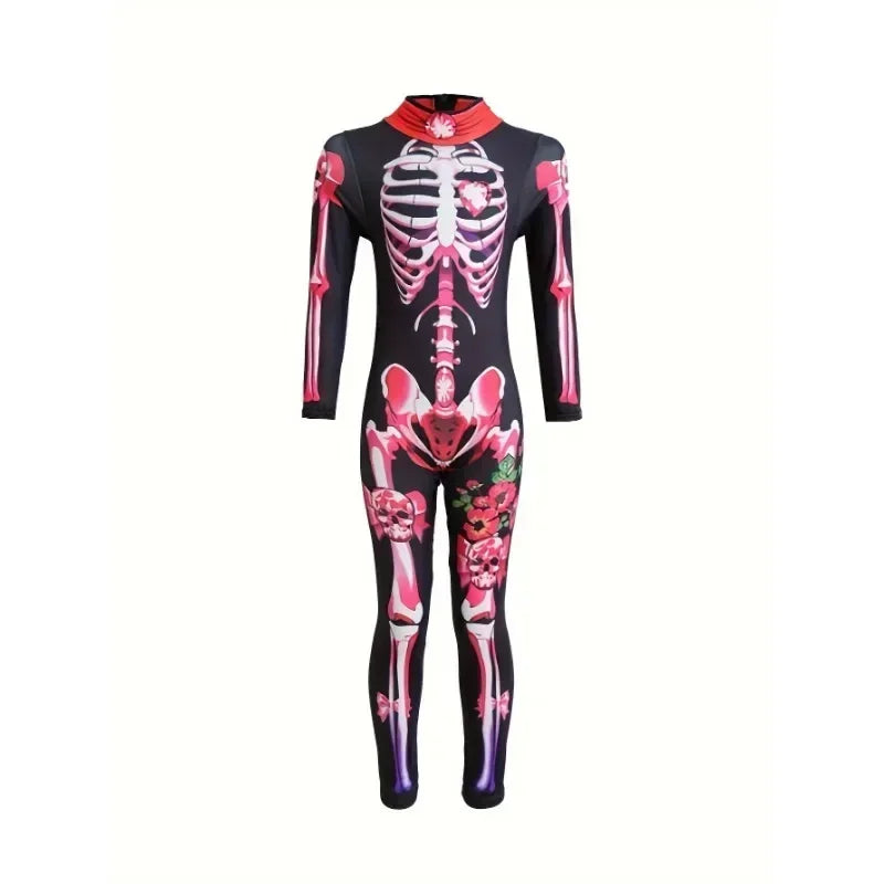 Full-body view of a black bodysuit with pink skeleton design on a white background