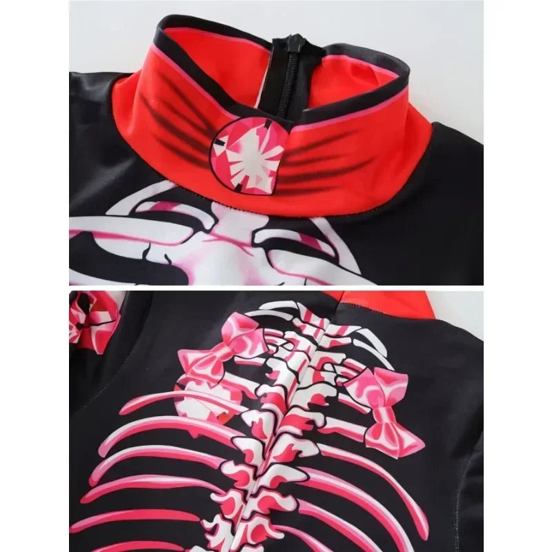 Black jacket with red collar and pink skeleton design on a white background