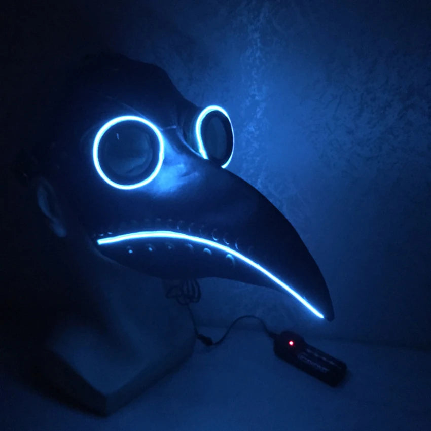 Plague doctor mask with glowing blue accents on a dark background