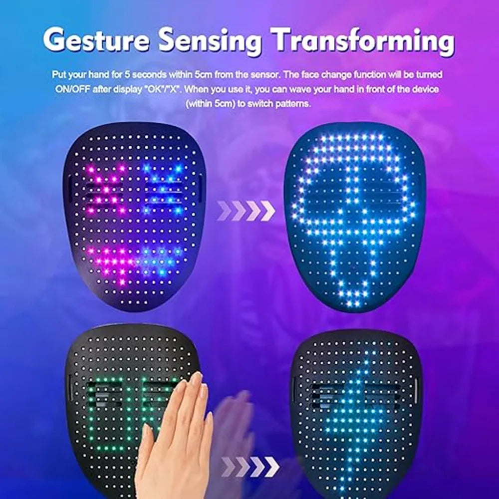 Led Mask with Gesture Sensing, Light up Mask Lighted Face Transforming Mask for Halloween Xmas Costume Party