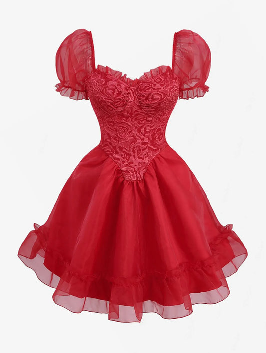 ROSEGAL Gothic Puff Sleeves Rose Flower Jacquard Layered Organze A Line Dress