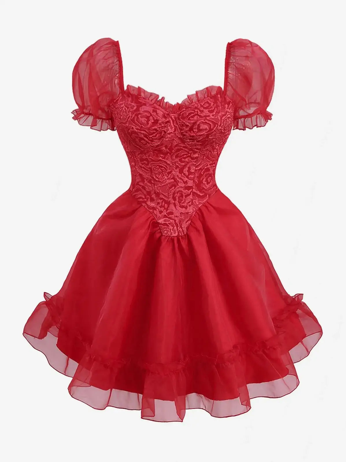 ROSEGAL Gothic Puff Sleeves Rose Flower Jacquard Layered Organze A Line Dress