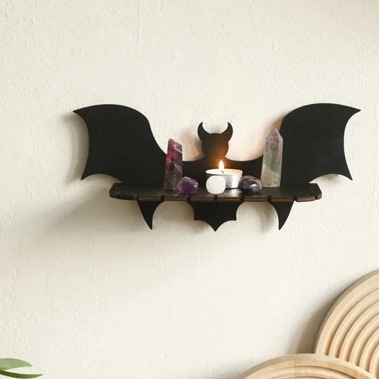 Black Wooden Shelf Gothic Bat Wall Hanging Decor Floating Shelves Display Stand Crystal Holder Witch Home Decor Halloween Decor