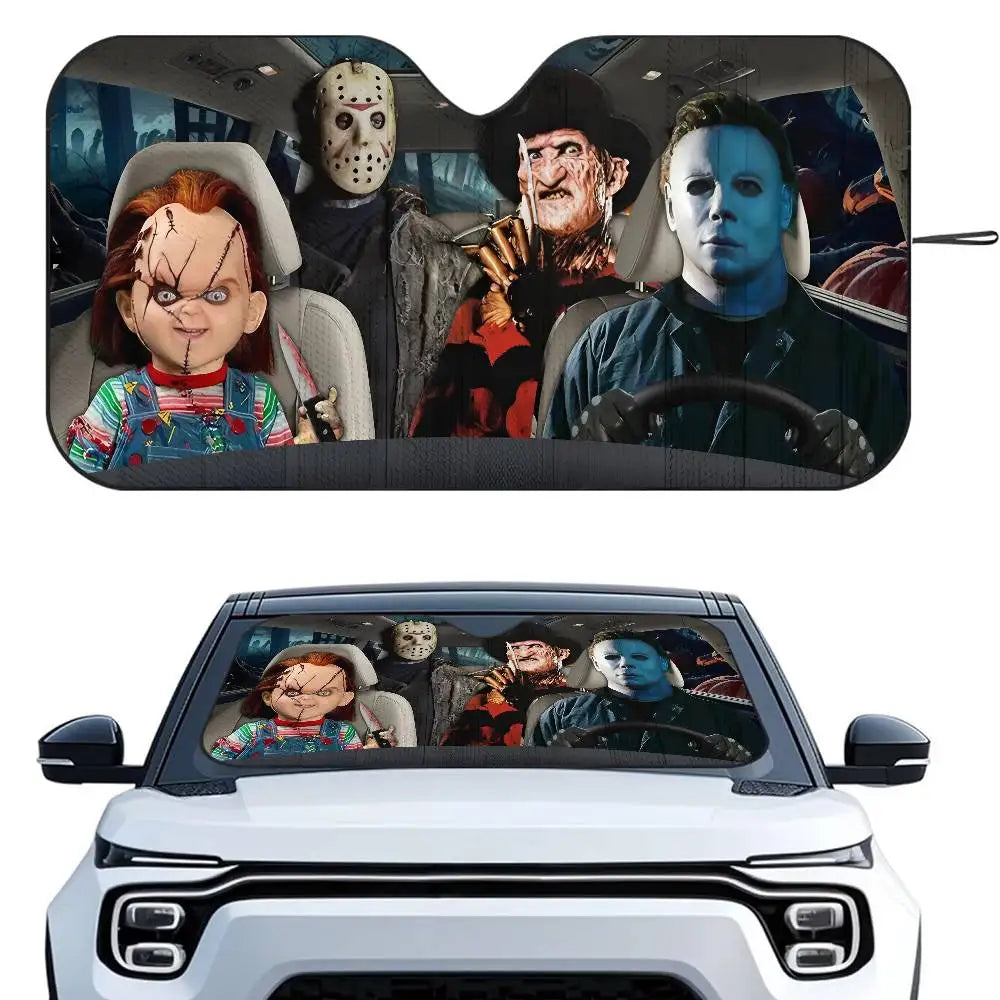 Horror Characters Car SunShade Windshield Foldable Three-layer Insulation Sunshade By Suction Cup Blocks UV Rays Sun