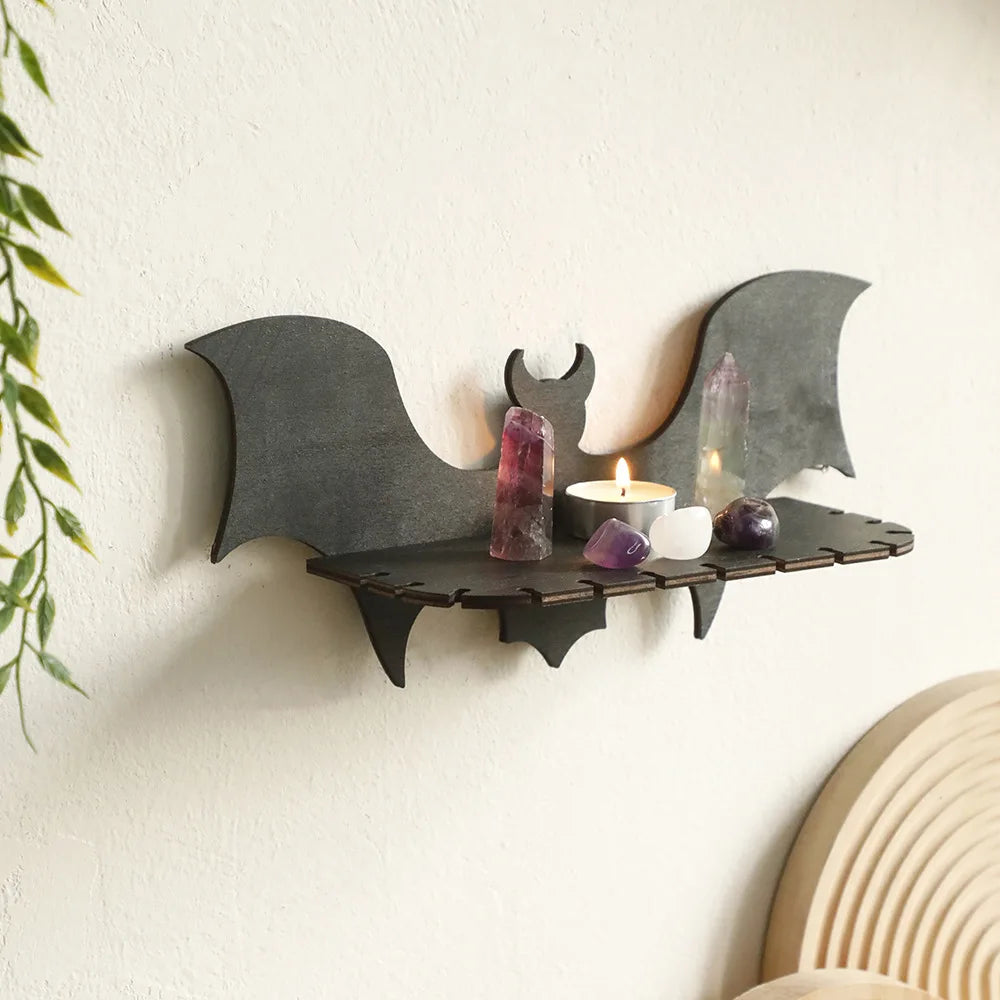 Black Wooden Shelf Gothic Bat Wall Hanging Decor Floating Shelves Display Stand Crystal Holder Witch Home Decor Halloween Decor