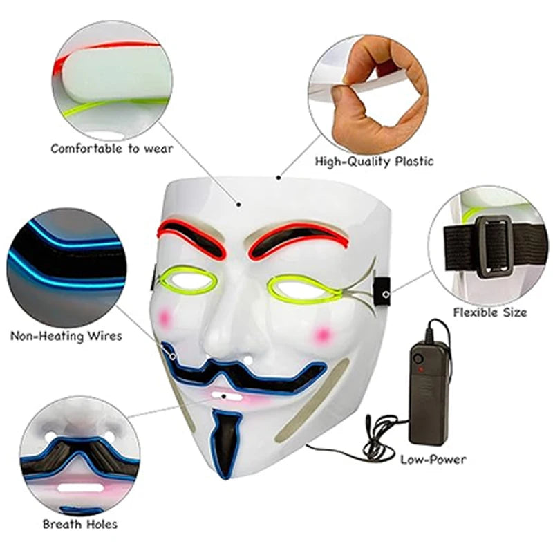 2025 Hot LED Hacker V Vendetta Mask Adults Luminous LED Light Up Mask For Glow Party Costume Accessories Halloween Mask Décor