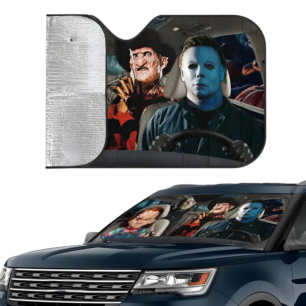 Horror Characters Car SunShade Windshield Foldable Three-layer Insulation Sunshade By Suction Cup Blocks UV Rays Sun