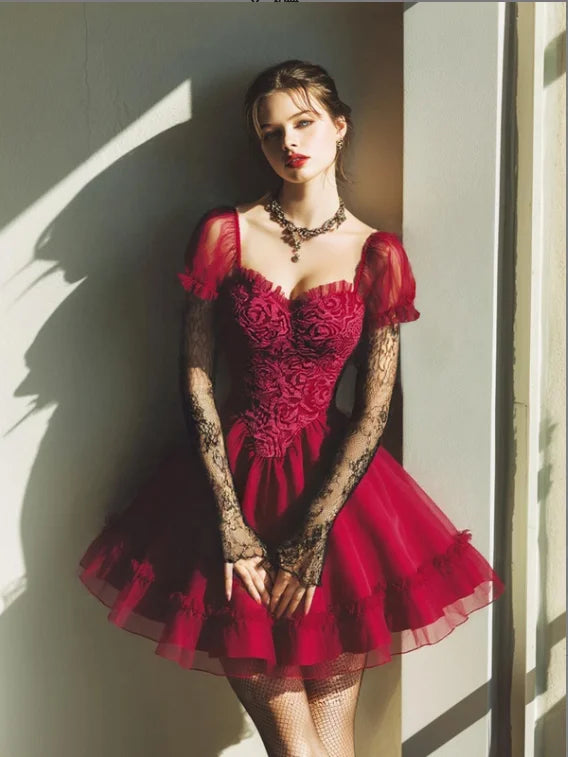 ROSEGAL Gothic Puff Sleeves Rose Flower Jacquard Layered Organze A Line Dress