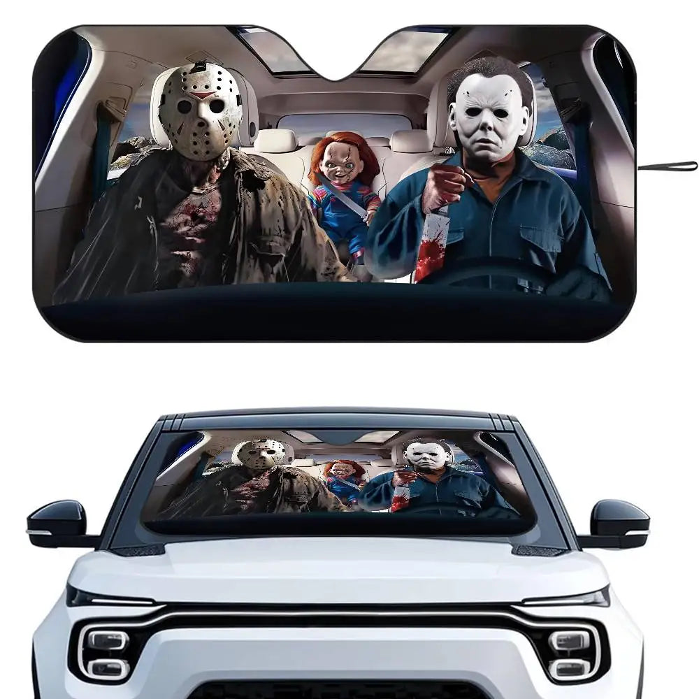 Horror Characters Car SunShade Windshield Foldable Three-layer Insulation Sunshade By Suction Cup Blocks UV Rays Sun