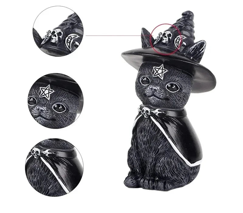 Mysterious Black Cat Statue Cute Cat Witch Cat Figurine Witches Desk Ornament Hand-Painted Sculpture for Halloween Decor