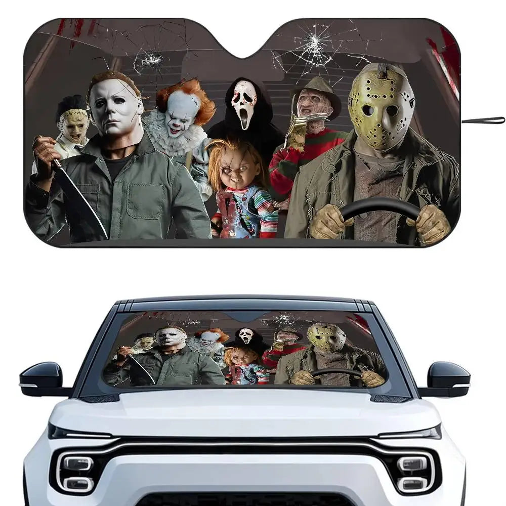 Horror Characters Car SunShade Windshield Foldable Three-layer Insulation Sunshade By Suction Cup Blocks UV Rays Sun