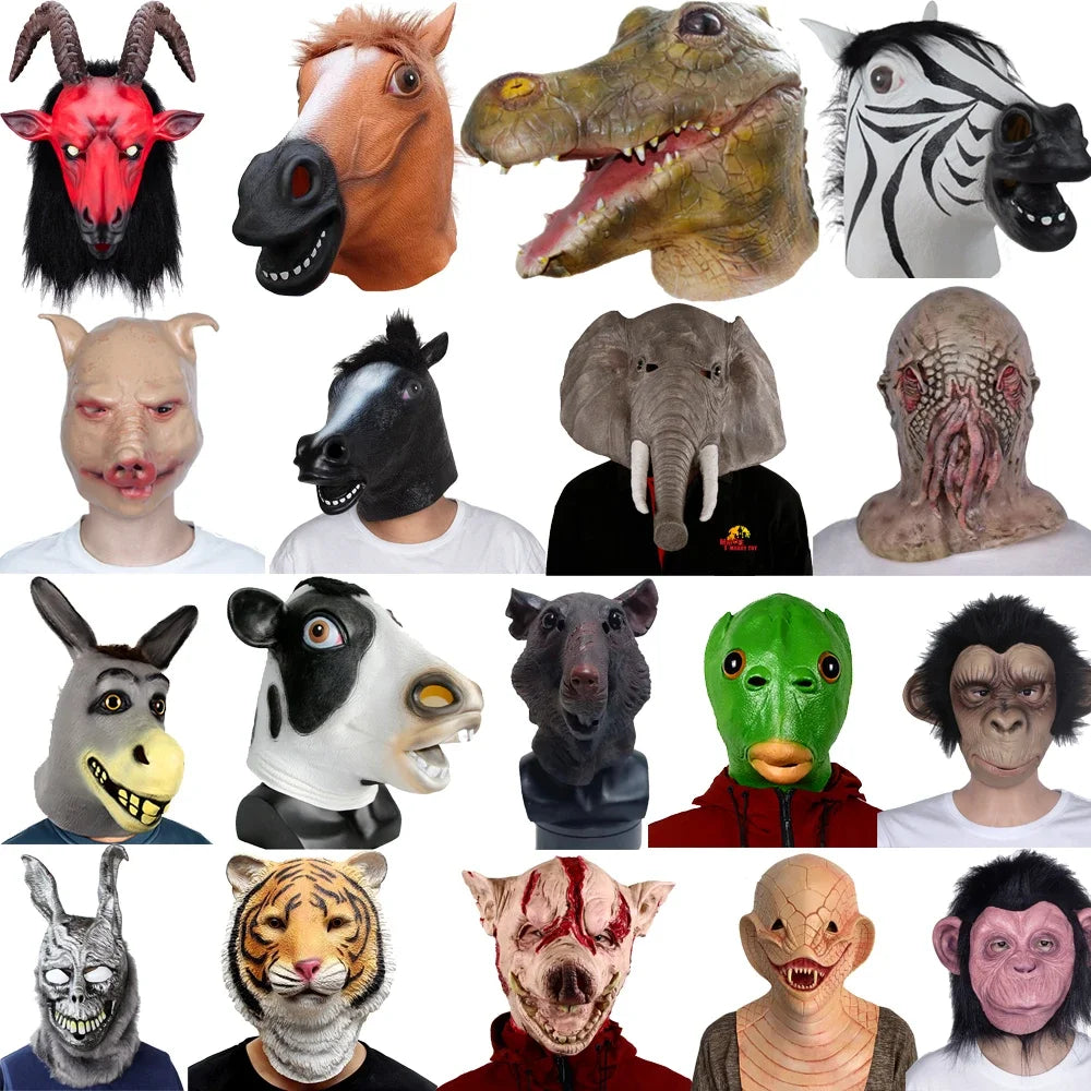 Collection of various animal and fantasy masks on a white background