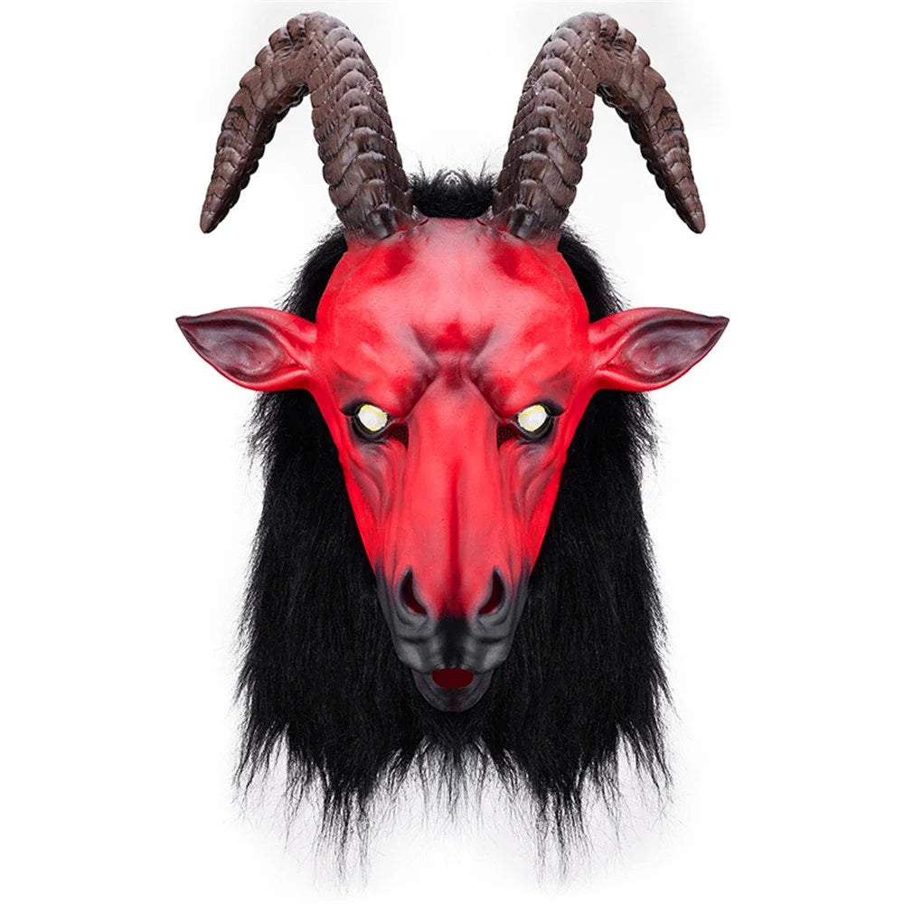 Devil mask with red face, black hair, and large horns on a white background