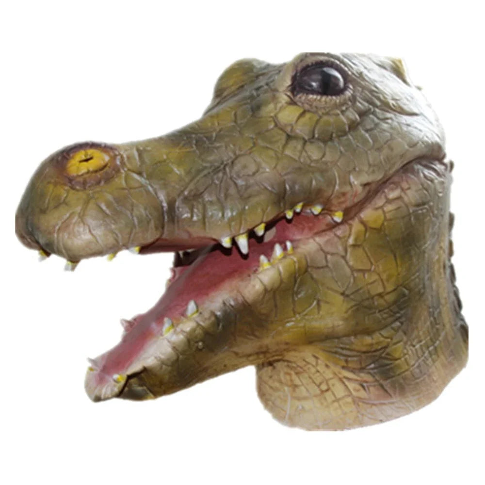 Crocodile head mask with open mouth on a white background