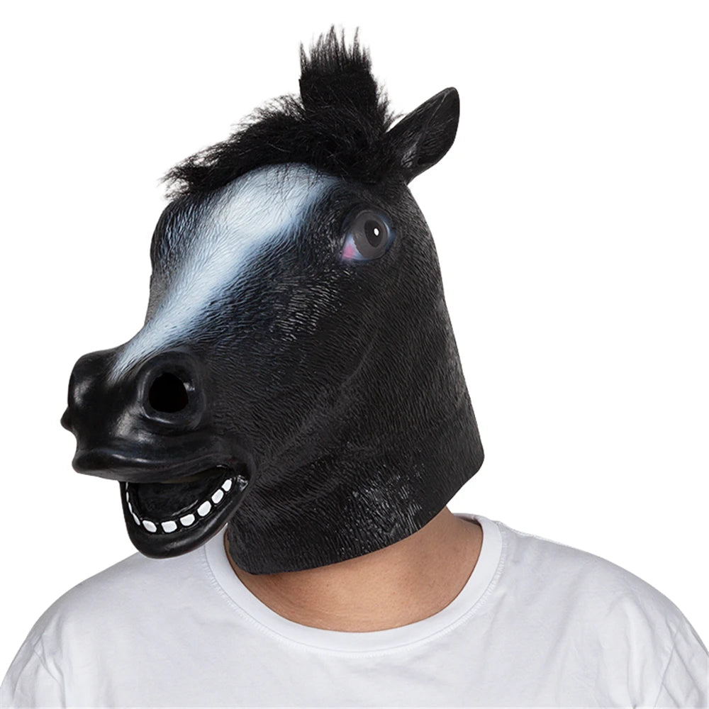 Person wearing a black horse mask on a white background