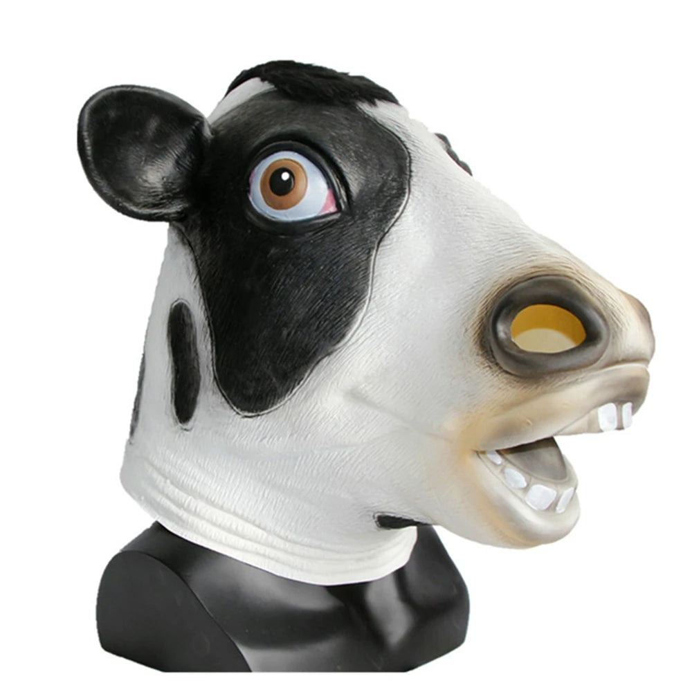 Cow mask with black and white design on a white background