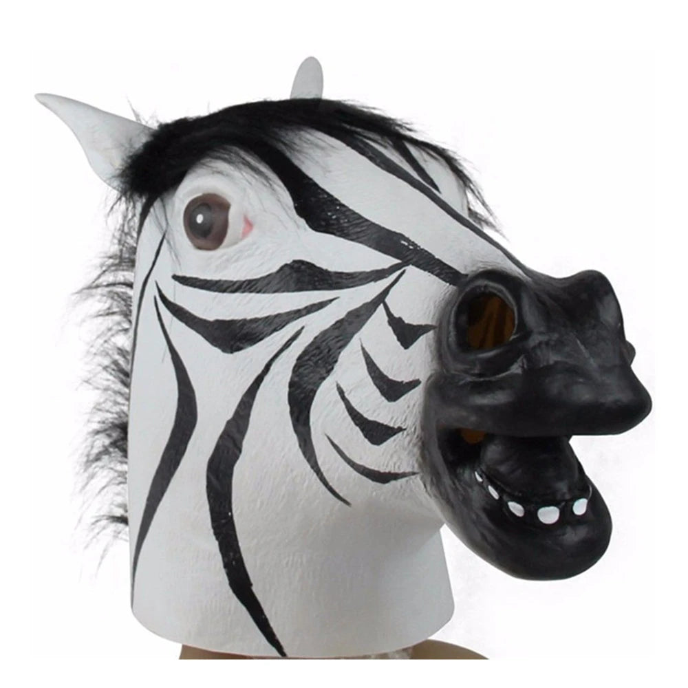 Zebra mask with black and white stripes on a white background