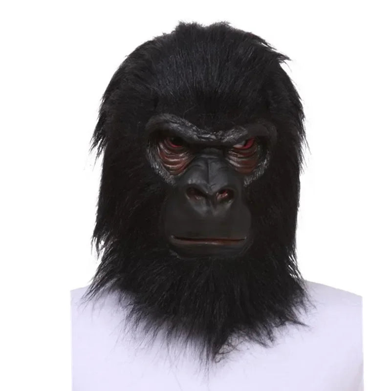 Black gorilla mask with detailed facial features on a white background
