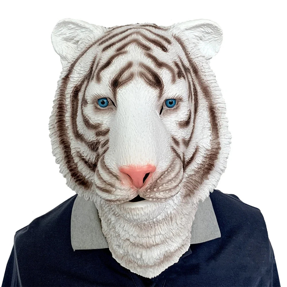 White tiger mask with blue eyes on a person wearing a dark outfit.