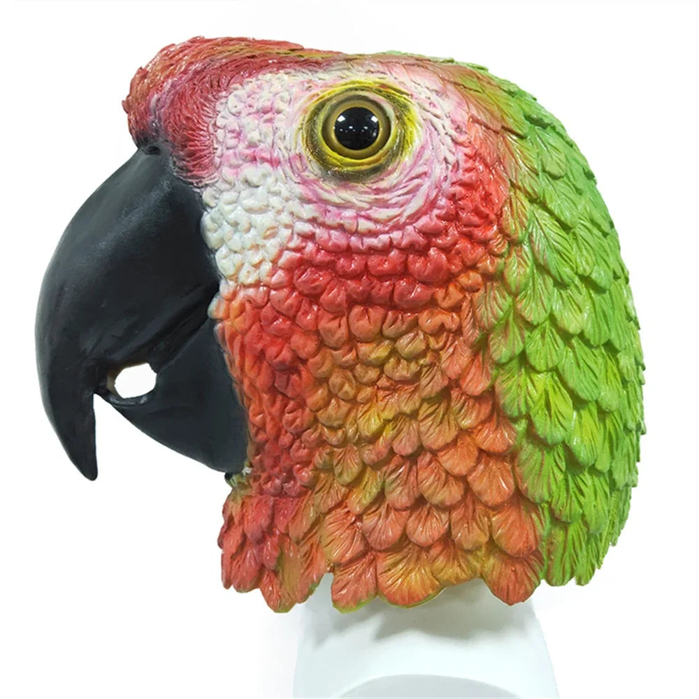 Colorful parrot mask with red, green, and orange feathers on a white background
