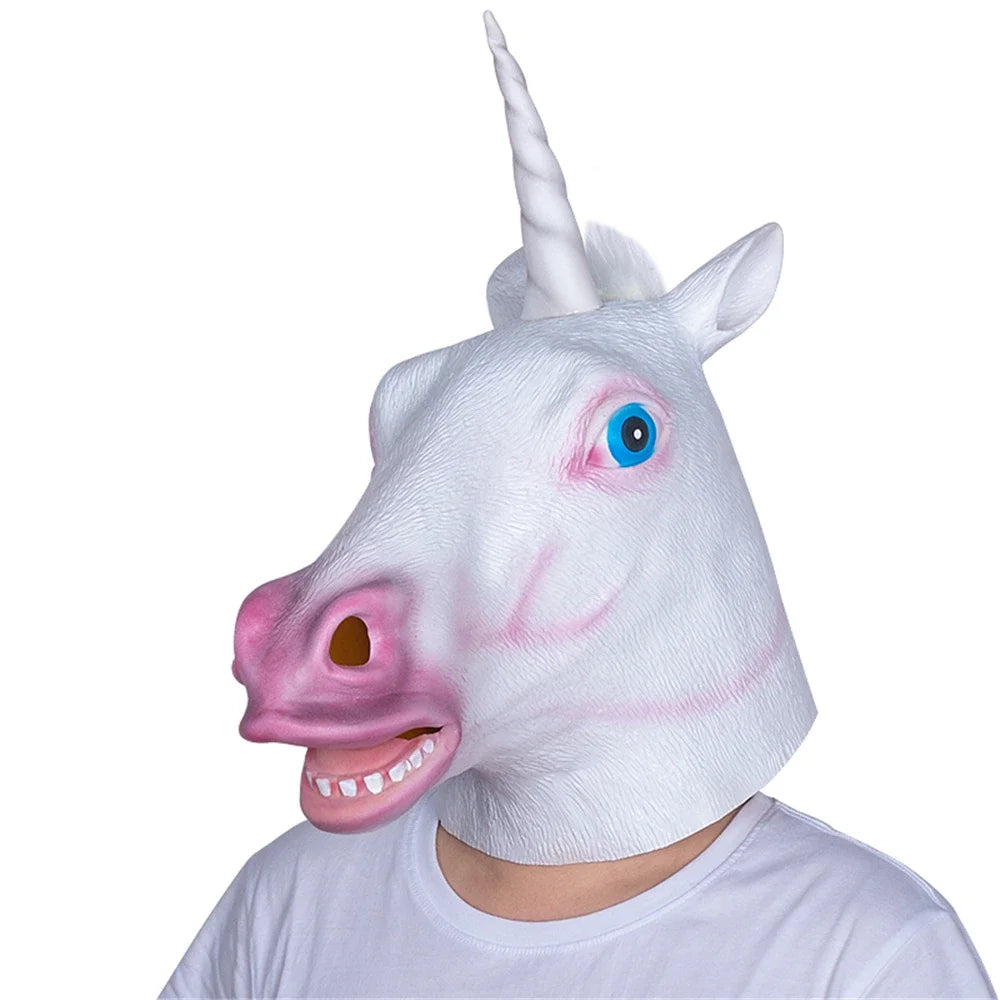 Person wearing a white unicorn mask with a blue eye on a white background