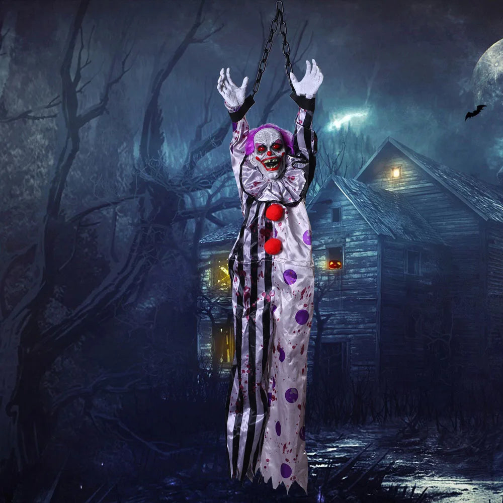 Horror-themed clown figure with red balls in a dark, eerie forest setting.