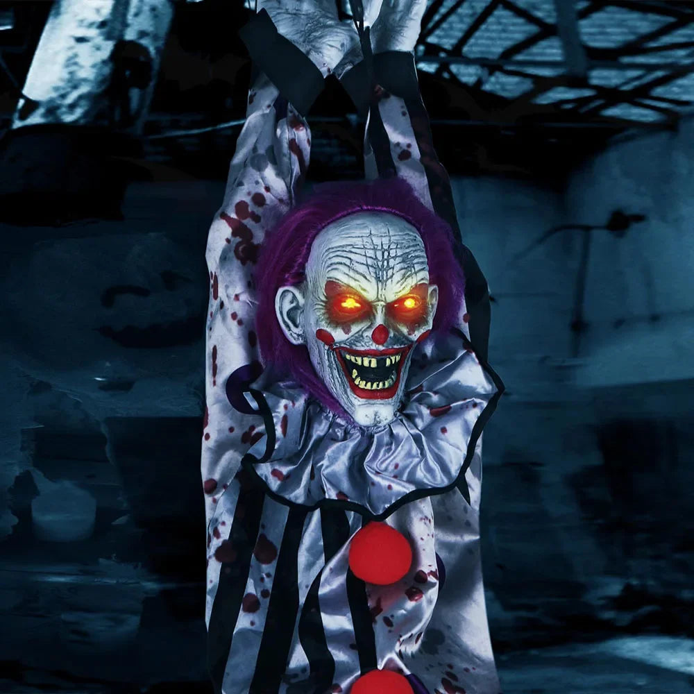 Horror clown with glowing eyes and red nose in a dark setting