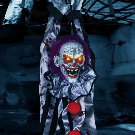 Horror clown with glowing eyes and red nose in a dark setting