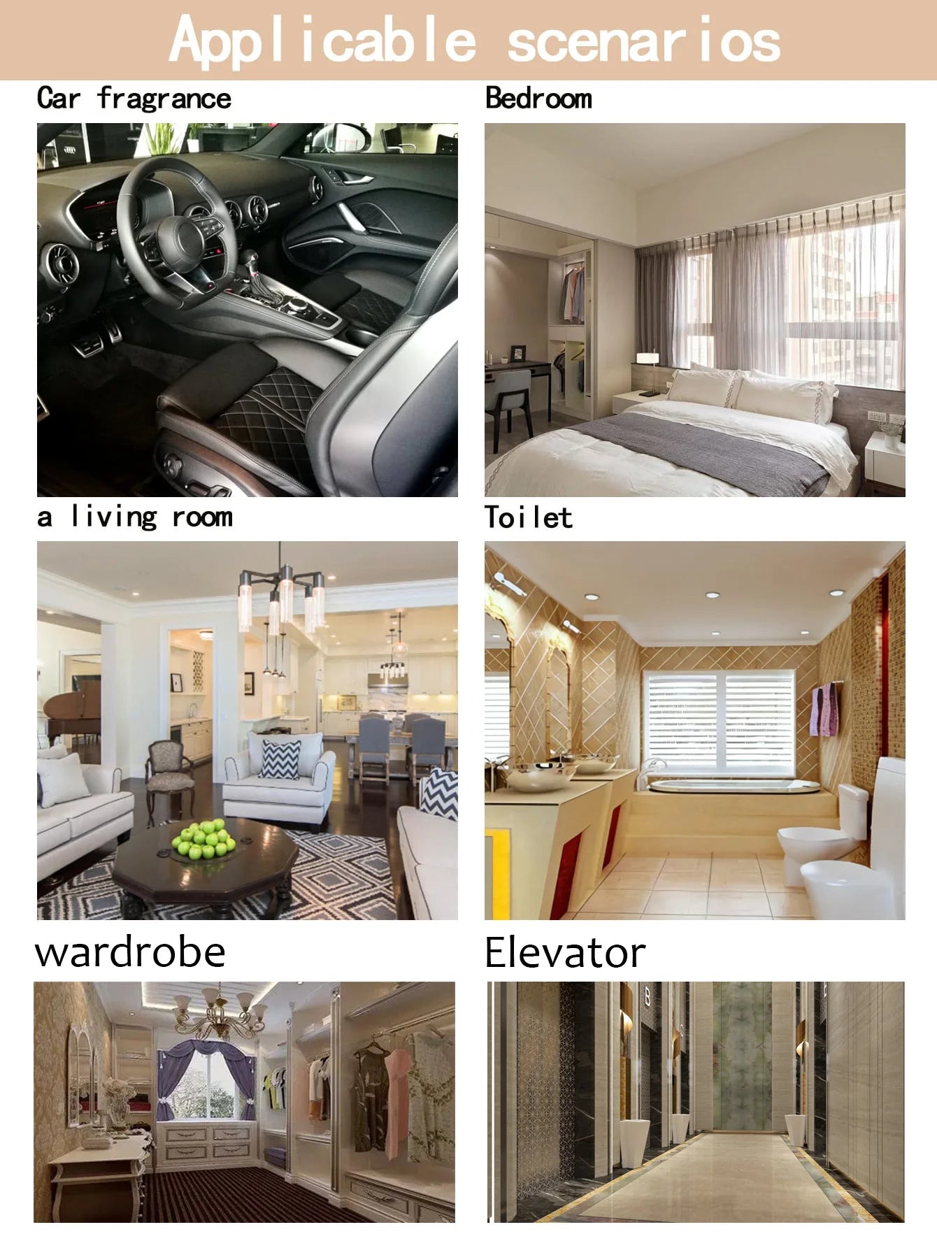 Scenarios including car interior, bedroom, living room, toilet, wardrobe, and elevator with text 'Applicable scenarios'.