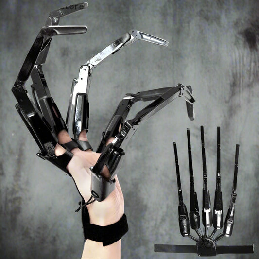 Black mechanical glove with articulated fingers on a white background
