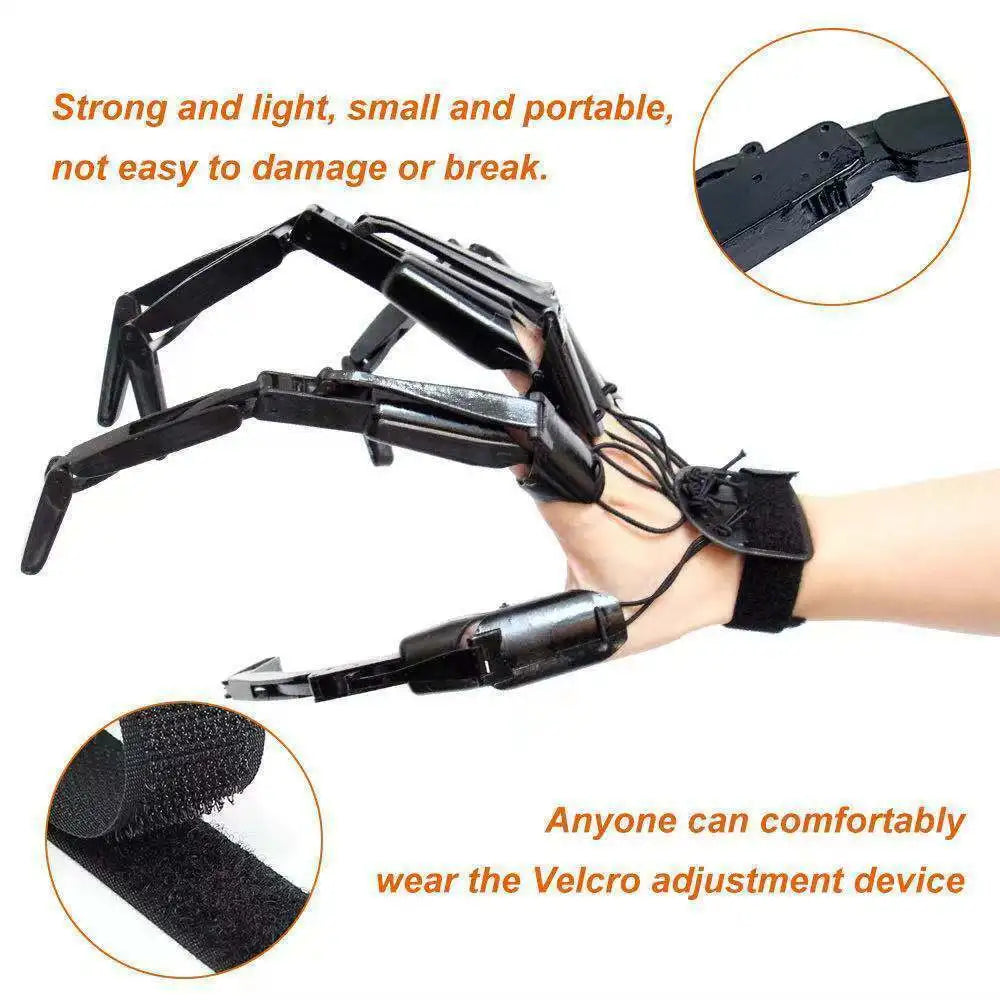 Black adjustable device on a hand with text about its features